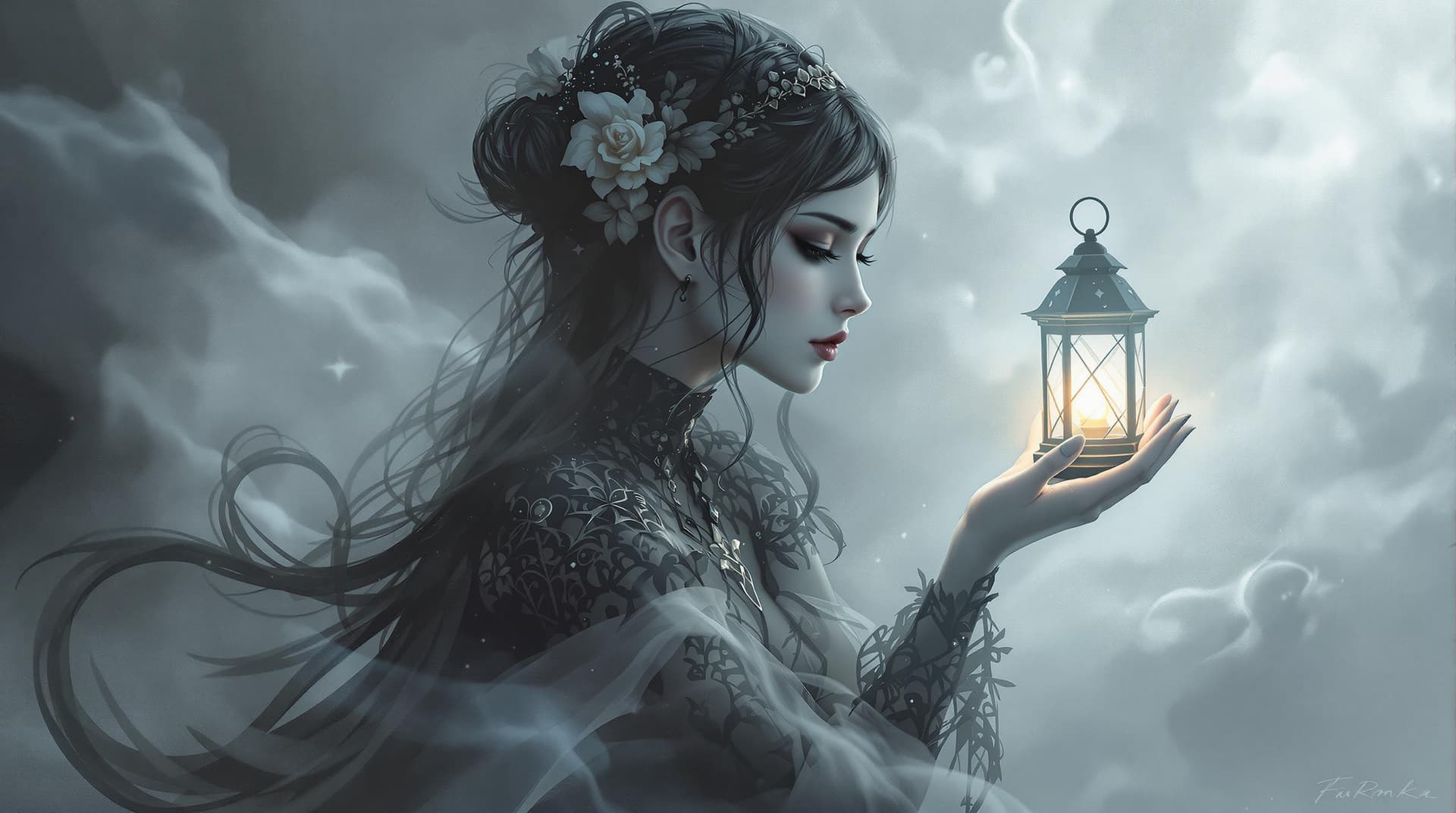 AI generated: painted soft ,beautiful goth girl holding a glowing lantern, profile,digital painting ,with intricat...