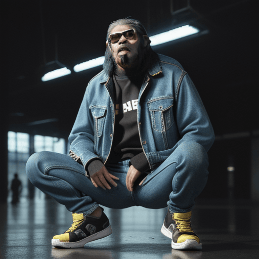 AI generated: king of apes, fashion casual ape, sneakers, sunglasses, jeans pants, futuristic background, full fig...