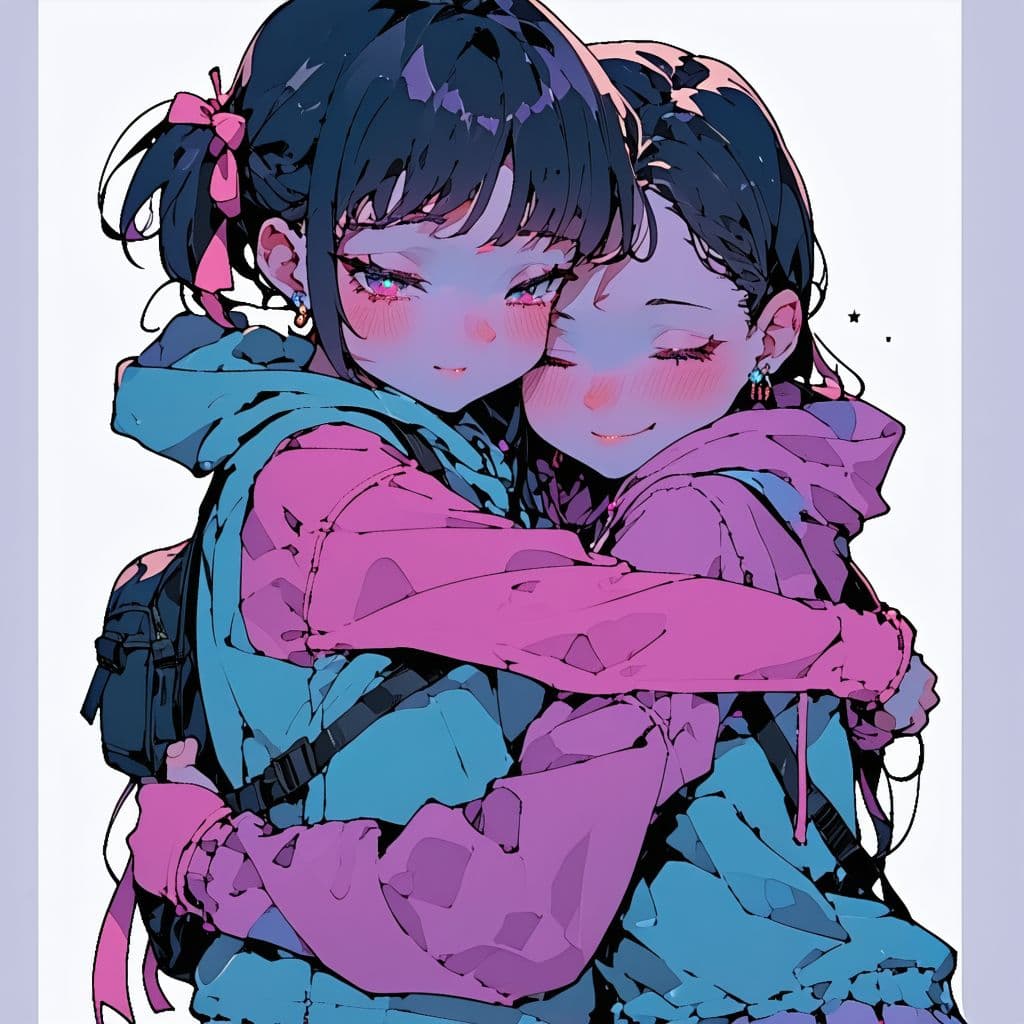 AI generated: Anime style, Ellen Joe (zenless zone zero), hugging girl of different size (more small)