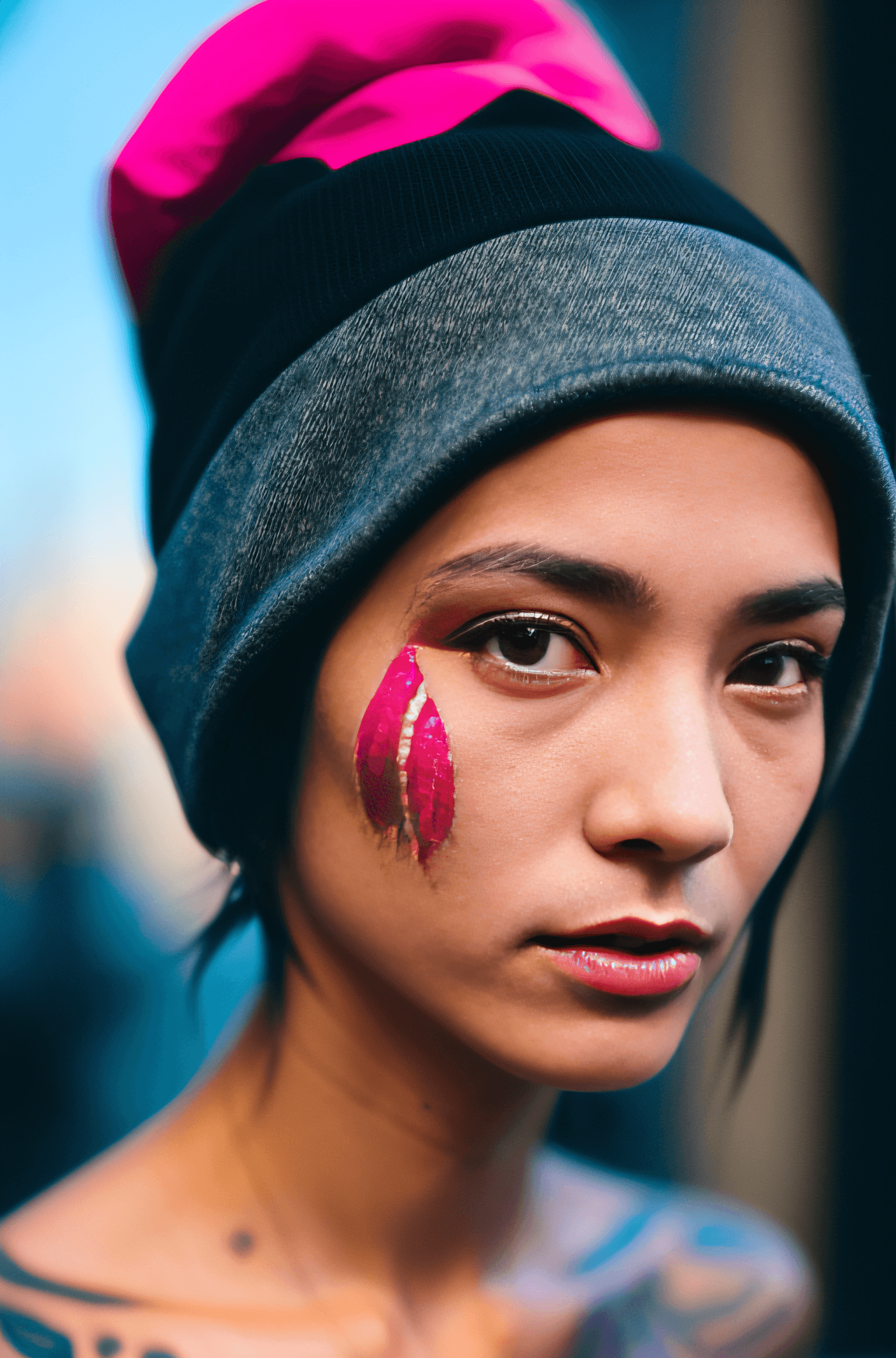 AI generated: photograph, cinematic shot of a Young, very thin, fighter, tattooed, very beautiful, with deep-blue ...