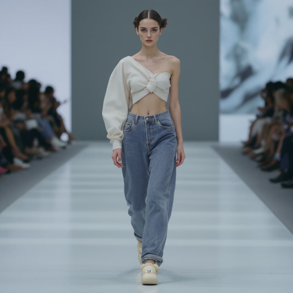 AI generated: a woman wearing a cropped top and jeans  and  with cream color knotted base with small yellow teddy ...
