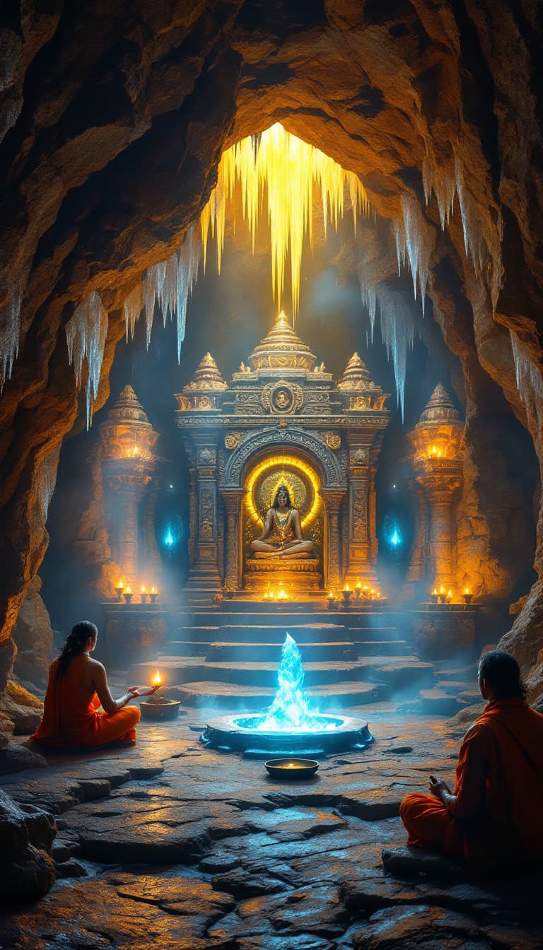 AI generated: 📌 Scene 3: Inside the Cave – Mystical Ambiance 🔥🕉️
Prompt:
"A sacred underground Shiva temple hid...