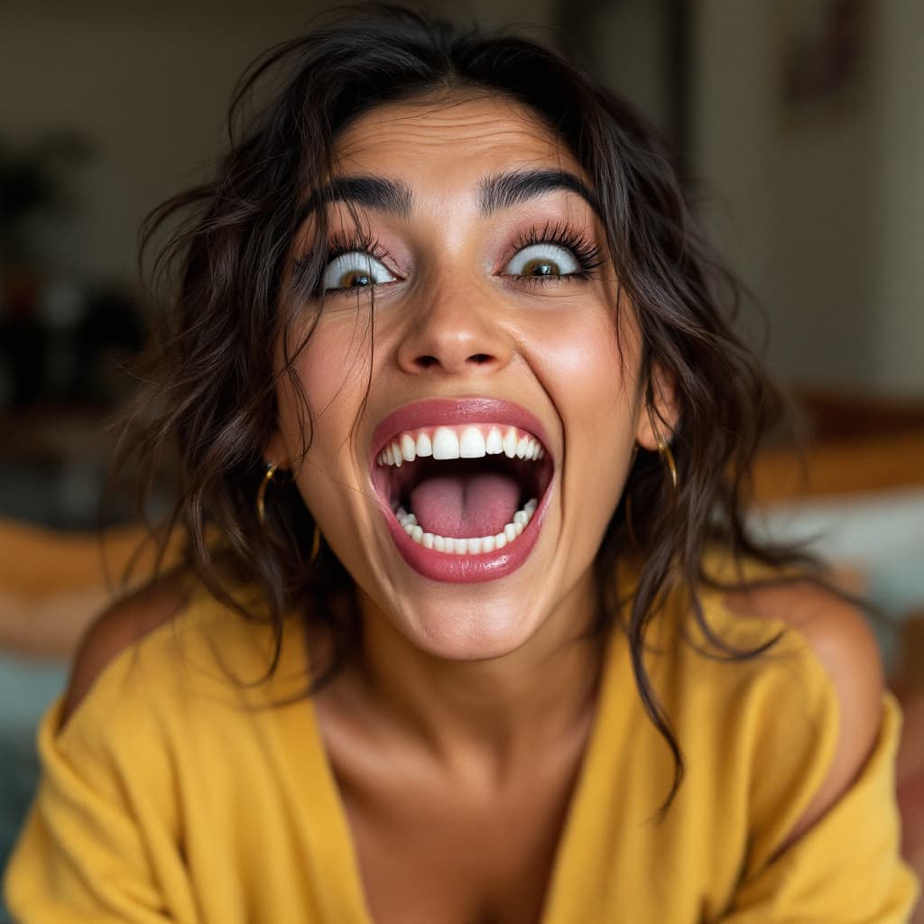 AI generated: Mia khalifa With mouth open in a playful way