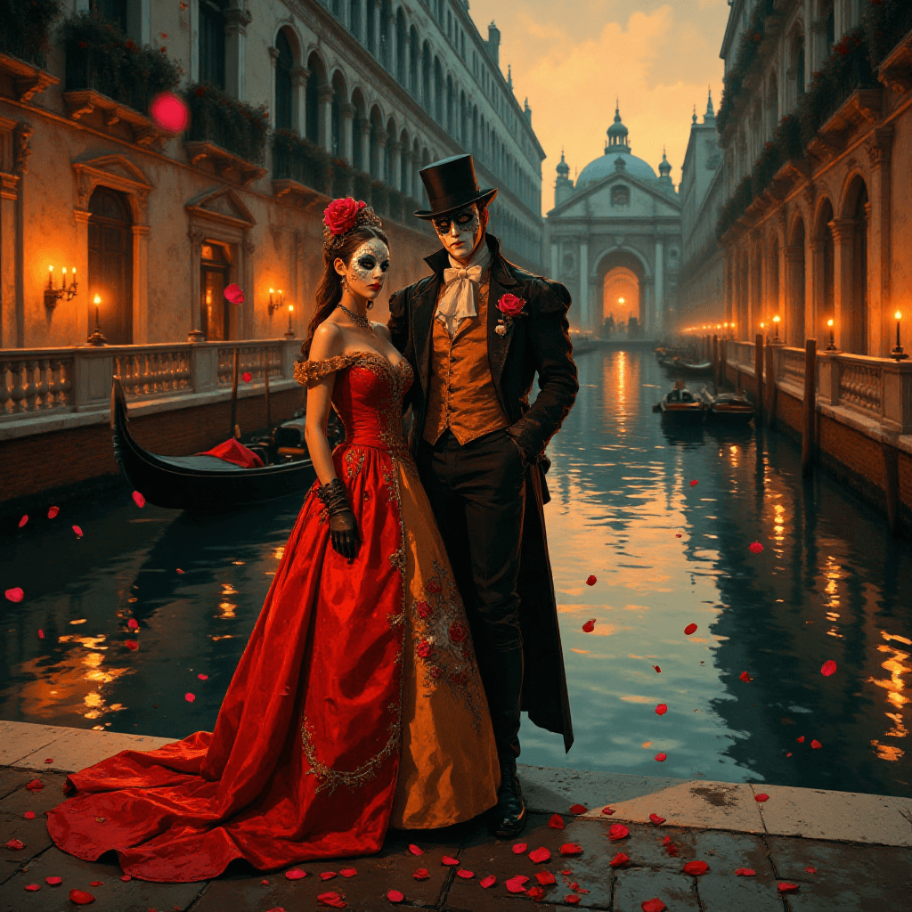 AI generated: Grand canal palace at dusk::1.4  
elegant masked figures in baroque gowns::1.3  
candlelit reflect...