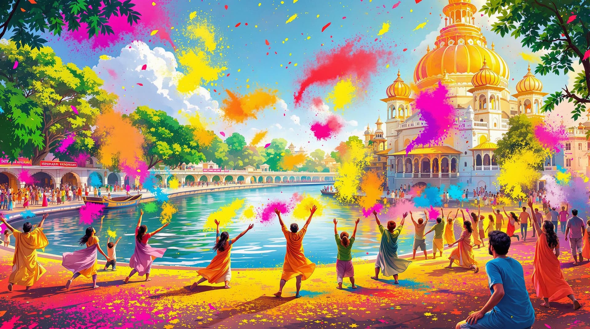 AI generated: "A vibrant Holi celebration scene in Vrindavan, capturing joyful participants throwing colorful powd...