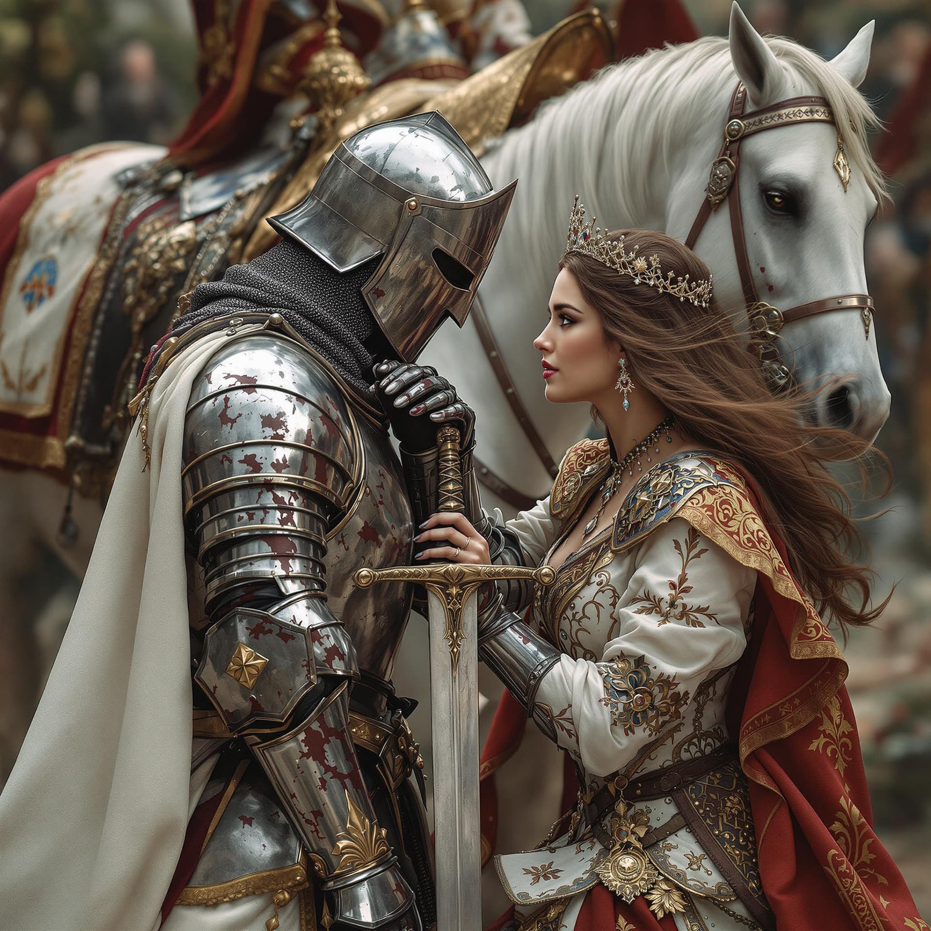 AI generated: An ultra-realistic, zoomed out,  full-body portrait of a noble Knight in battle damaged silver armor...