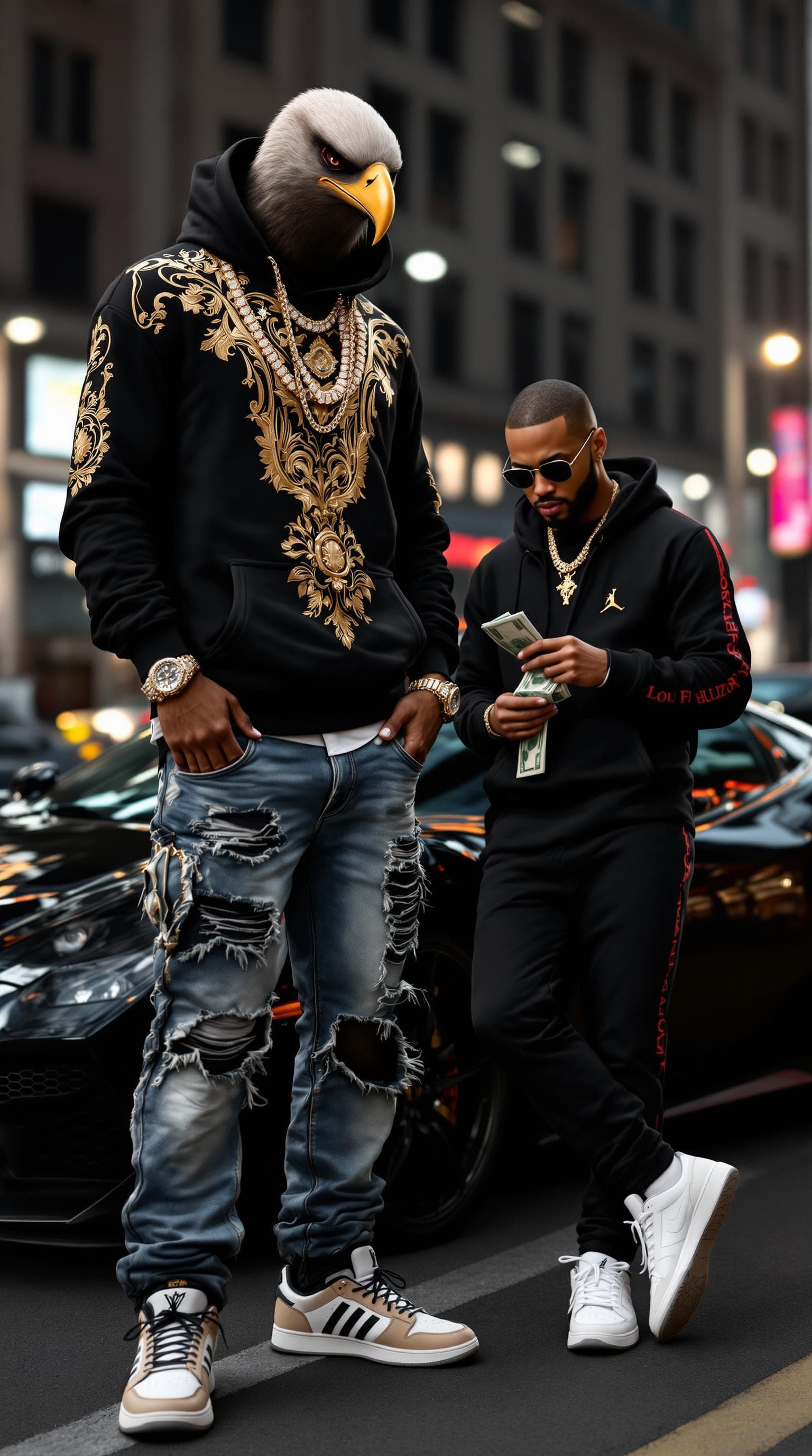 AI generated: A tall man with the head of a bald eagle stands in a luxury hoodie with golden embroidery, distresse...