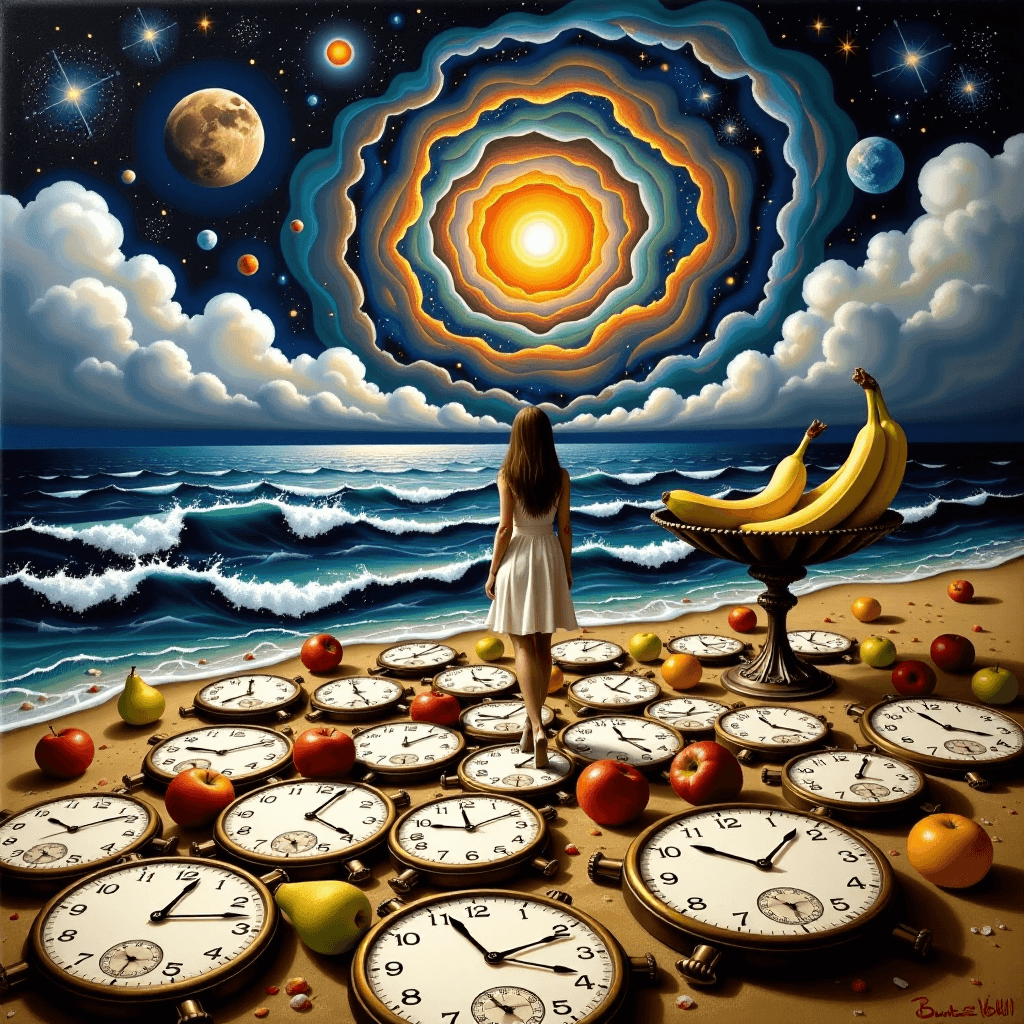 AI generated: A surrealist dreamscape painting where a woman stands on a beach made of clocks, and the stormy sea ...
