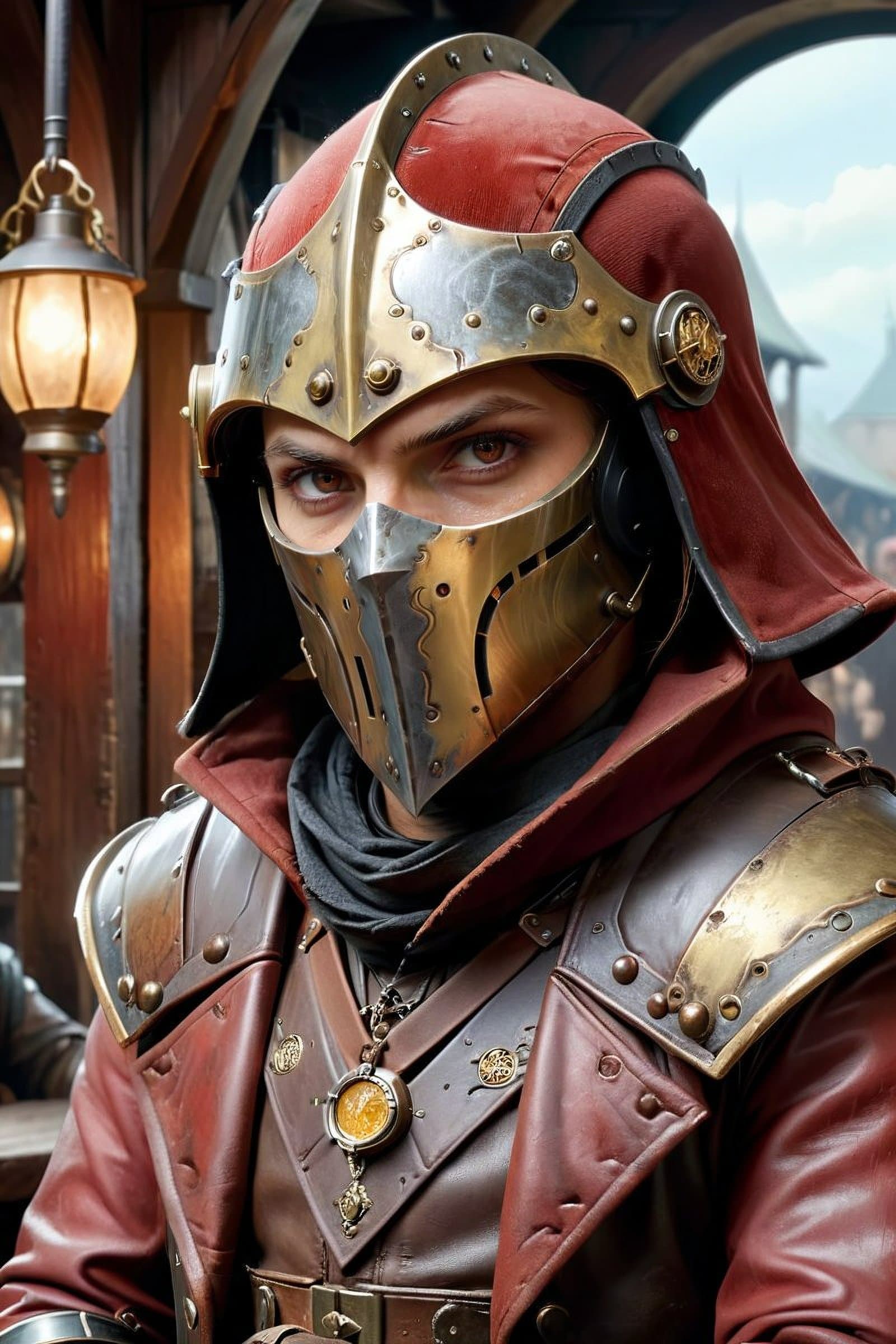 AI generated: portrait of a (medieval fantasy steampunk magitek male bounty hunter artificer) , enclosed great hel...