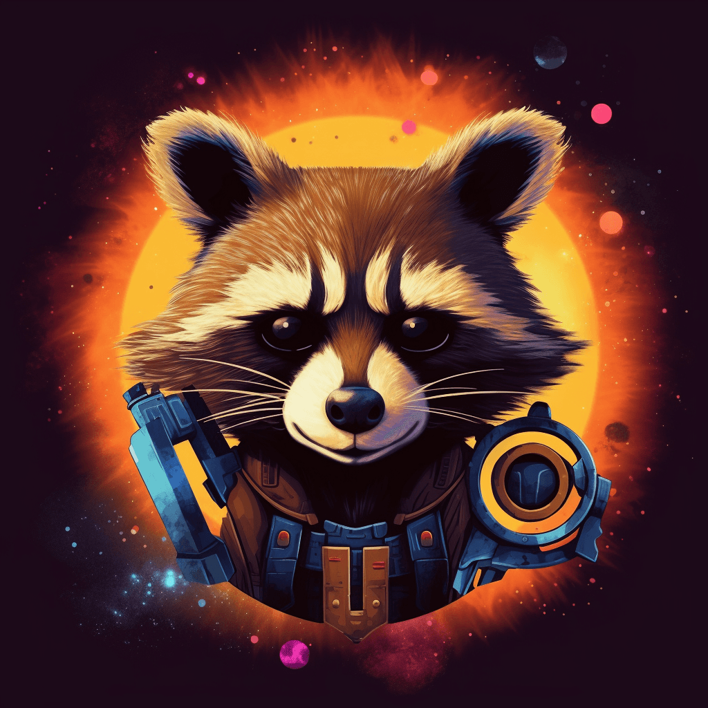AI generated: Top view of a Guardians of the Galaxy-inspired digital product, glowing orb gadget, with a rocket th...