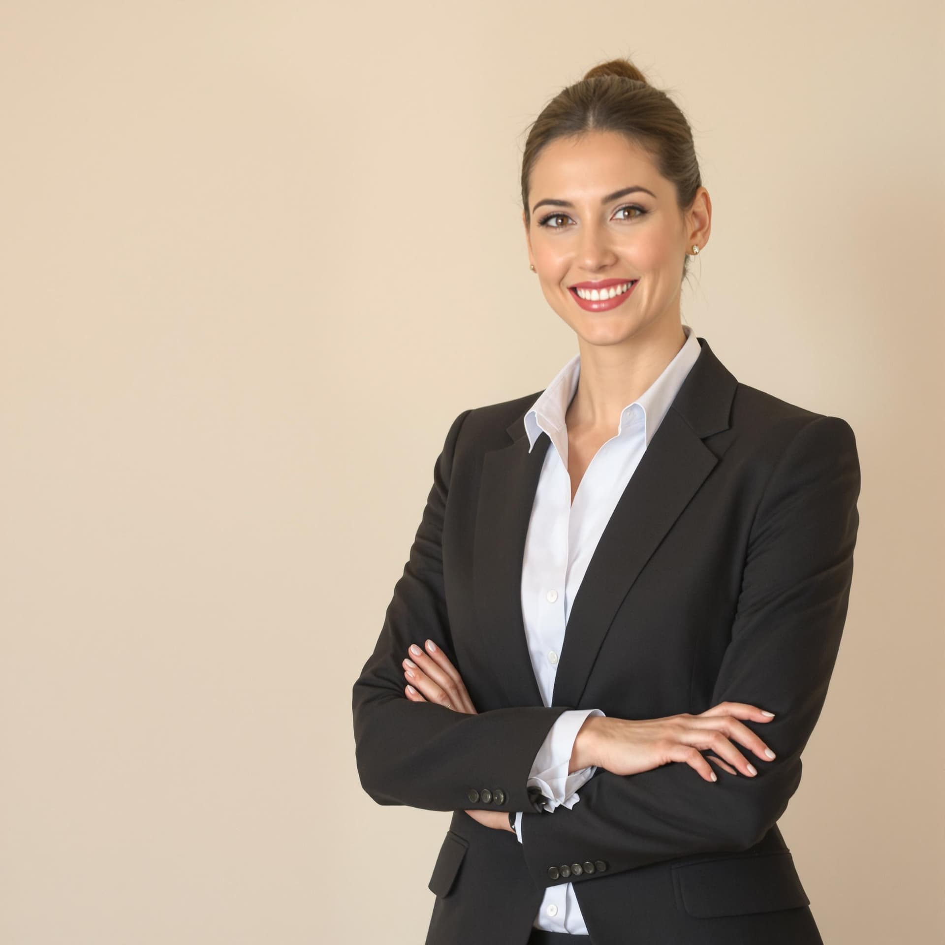AI generated: A woman business attire. She has fair skin and bright eyes, posing against a neutral background full...