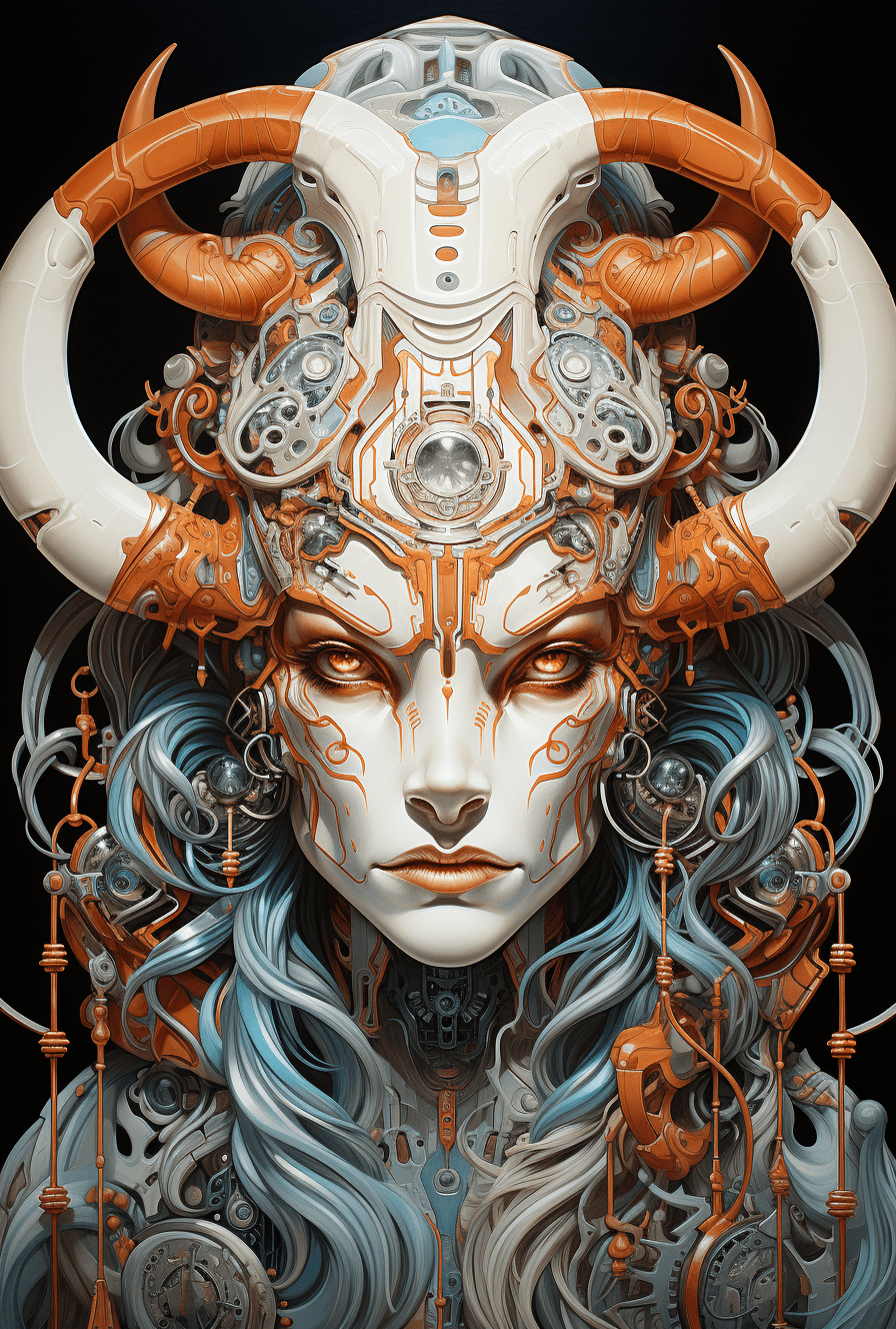 AI generated: a portrait of a metal creature with horns, in the style of james jean, retro-futuristic cyberpunk, b...