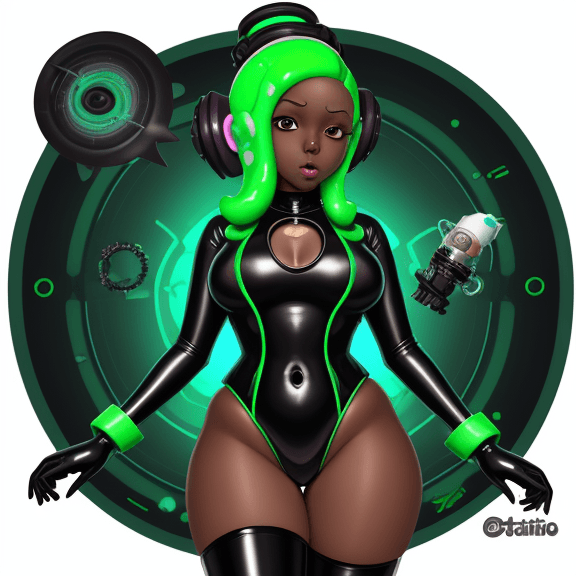 AI generated: octoling girl, adult, dark skin, thick thighs, chest, splatoon, futuristic tech, hypnotized, hypnosi...