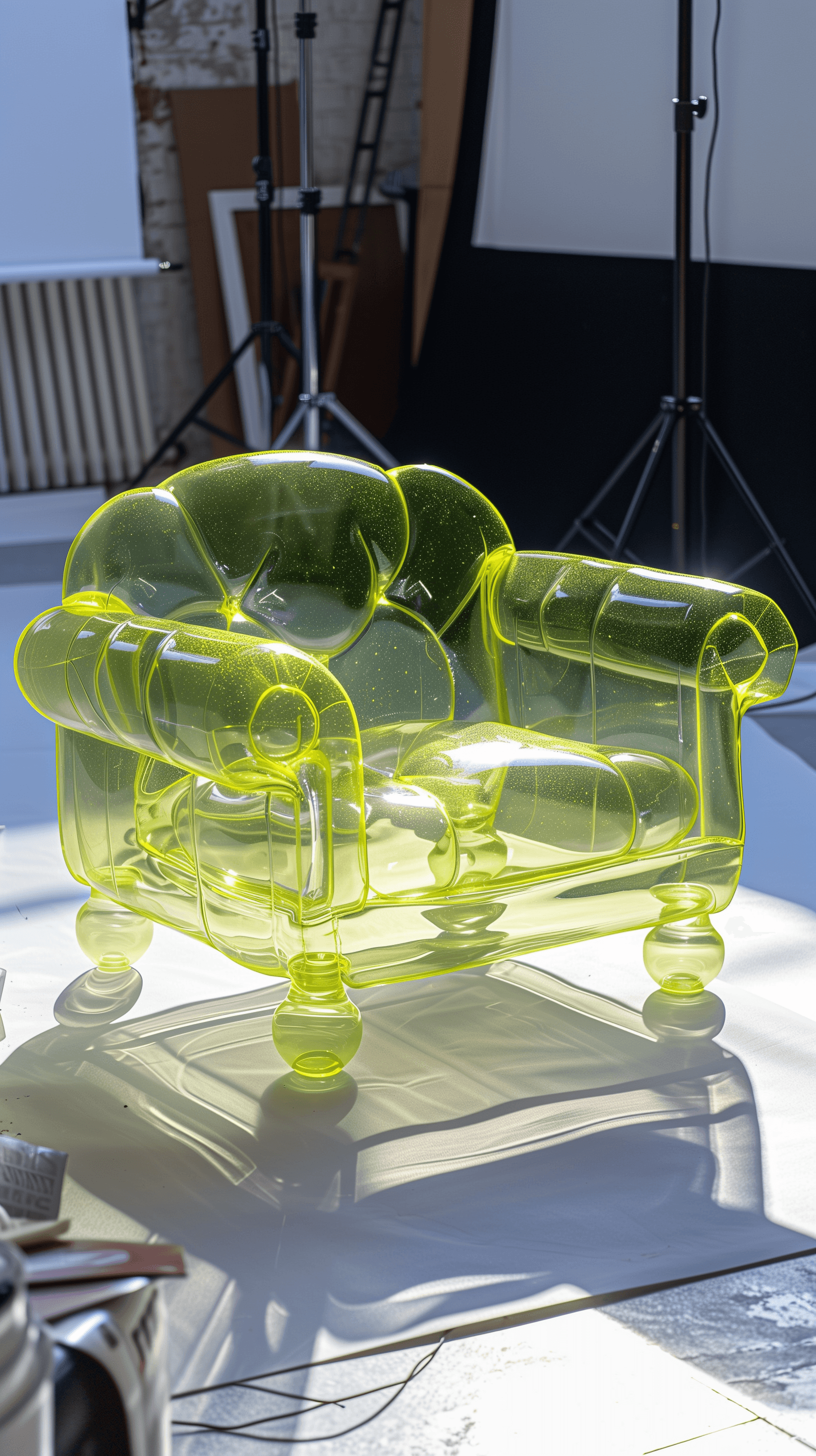 AI generated: productive photography, small fluffy couch, transparent fluorescent yellow vinyl material with detai...