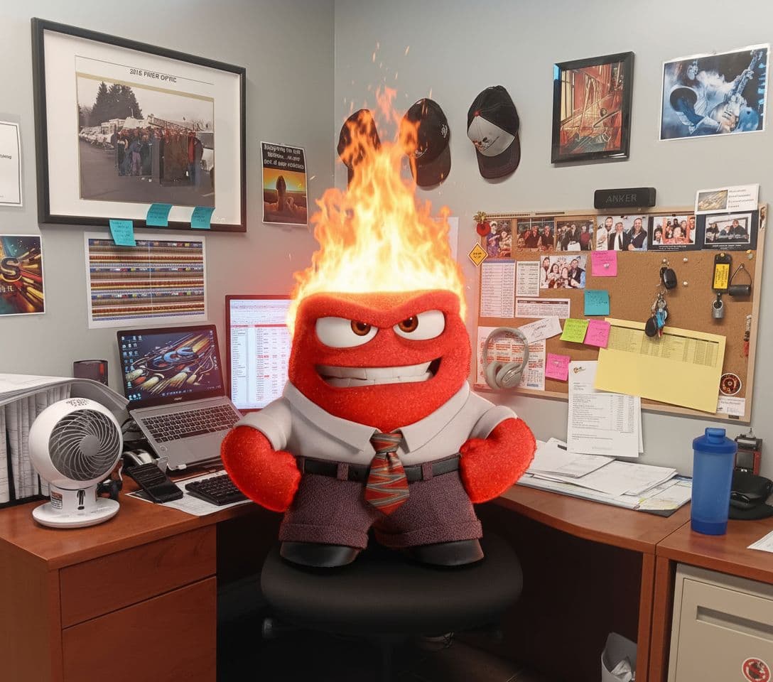 AI generated: create an entirely new image. 8k ULTRA HD IMAGE WITH THE RED MAN IN AN OFFICE SETTING. USE THE OFFIC...