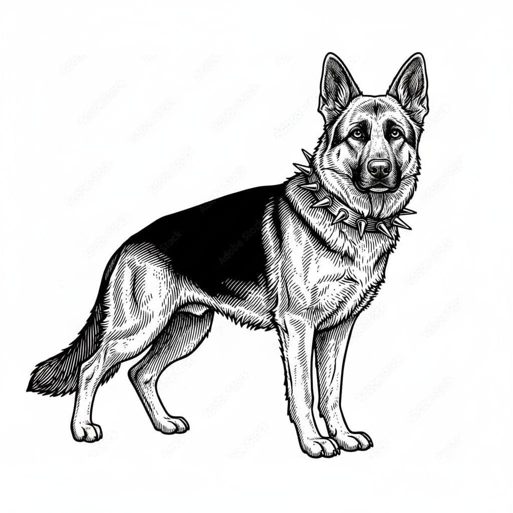 AI generated: Now in the same style I need a German Shepherd full body exact side view while the head is facing ex...