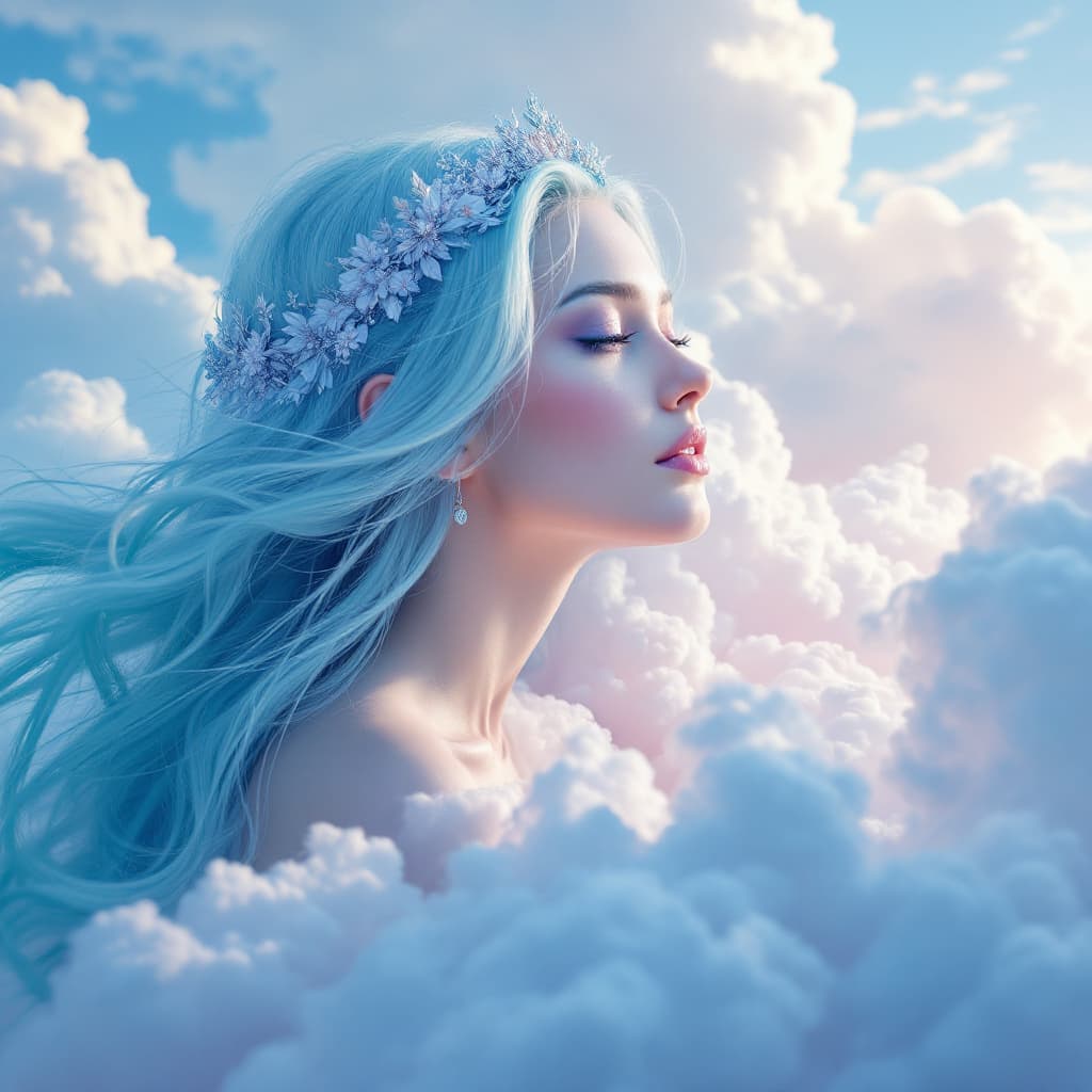 AI generated: Fantasy sky queen with clouds hair :: photorealistic::1 natural lighting::1 macro lens::1 garald bro...