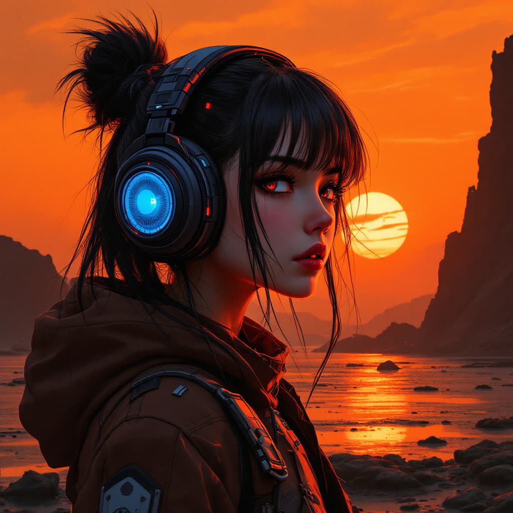 AI generated: Real girl with headphones in style , cyberpunk landscape with orange and black colour scheme in anim...