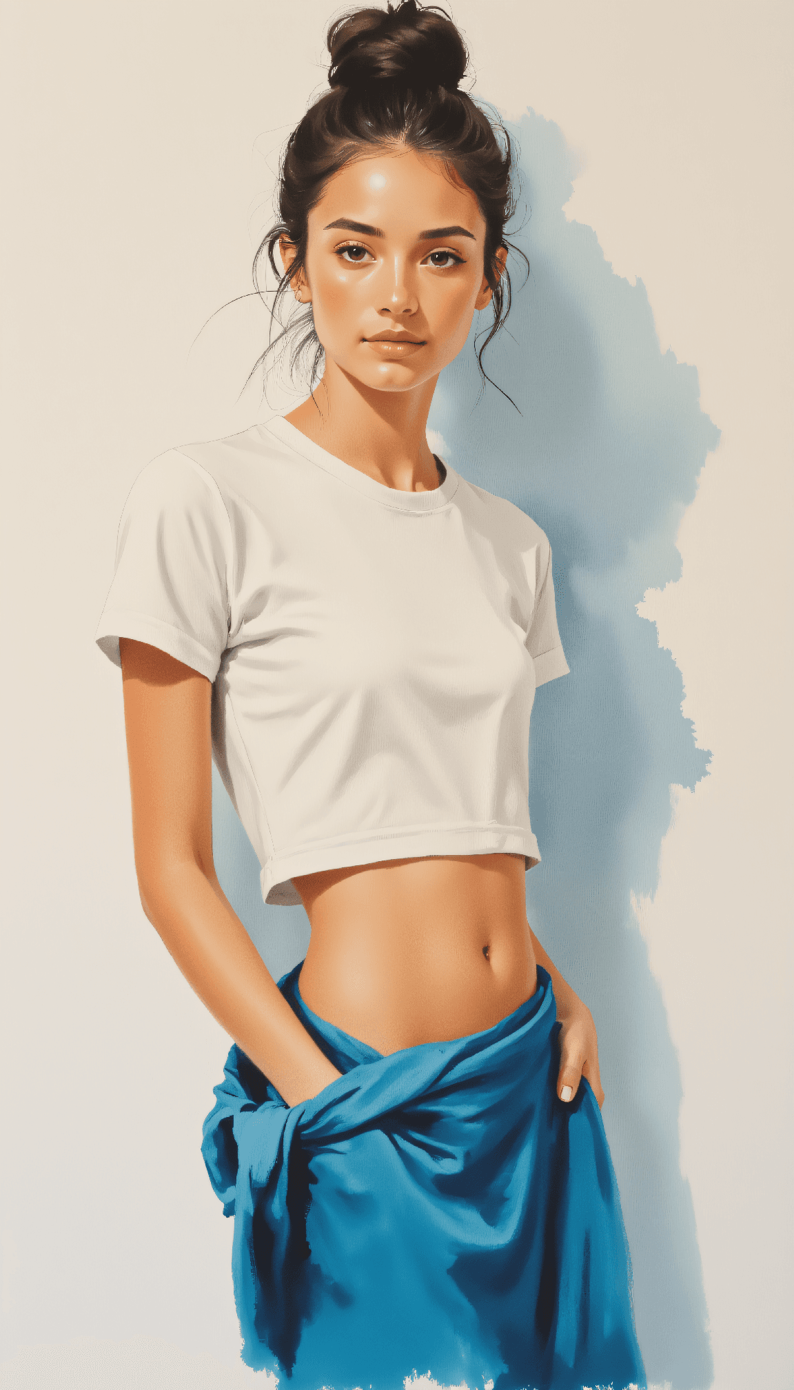 AI generated: Modernist painting with geometric brush handling of a fit woman, wearing a structured ivory crop top...