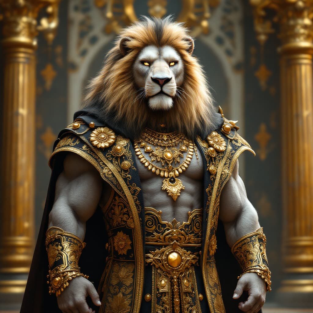 AI generated: "A majestic anthropomorphic lion character stands  in his palace confidently.  designed with highly ...