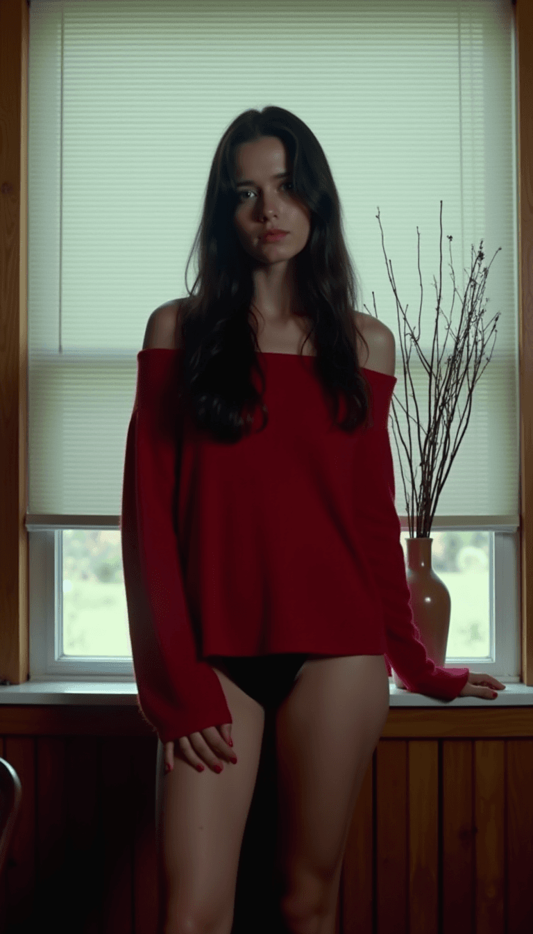 AI generated: A young woman with long dark hair and a serious expression stands in front of a window, wearing a re...