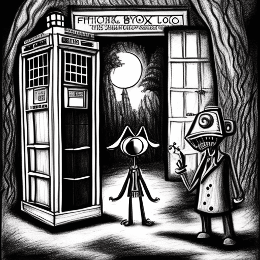 AI generated: A drawing in the style of Tim Burton with a picture of the TARDIS from Doctor Who in a haunted fores...