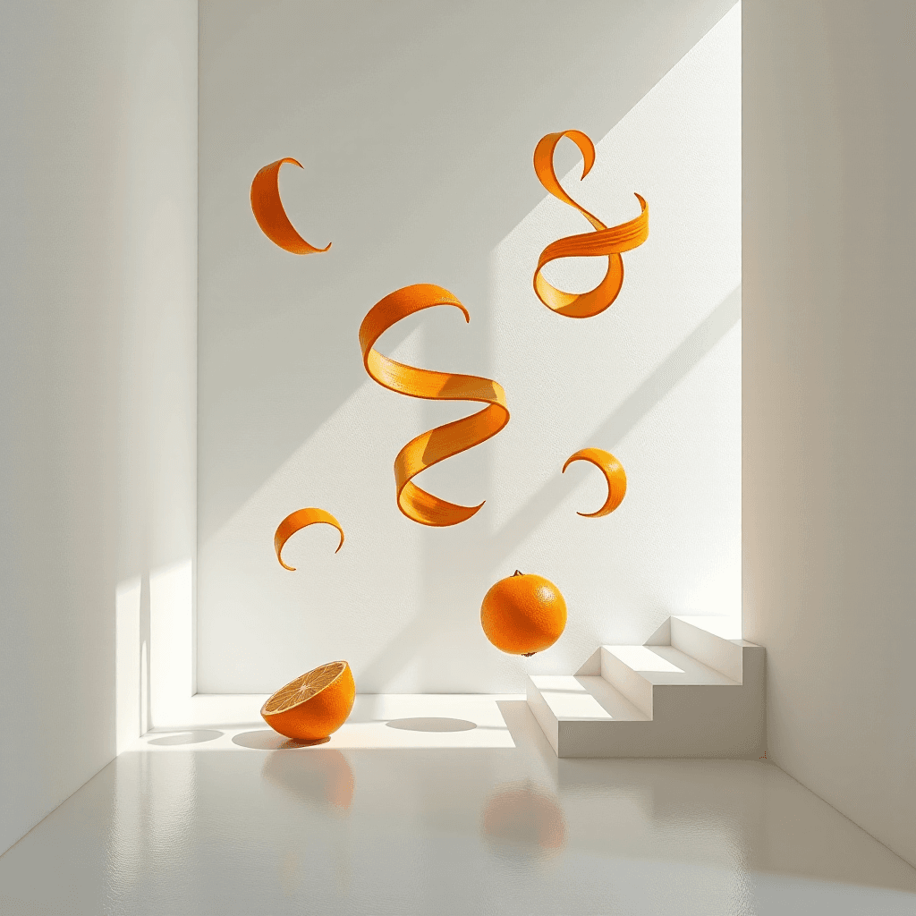 AI generated: Minimalist white space with spiraling orange peels floating mid-air, soft ambient light, abstract co...