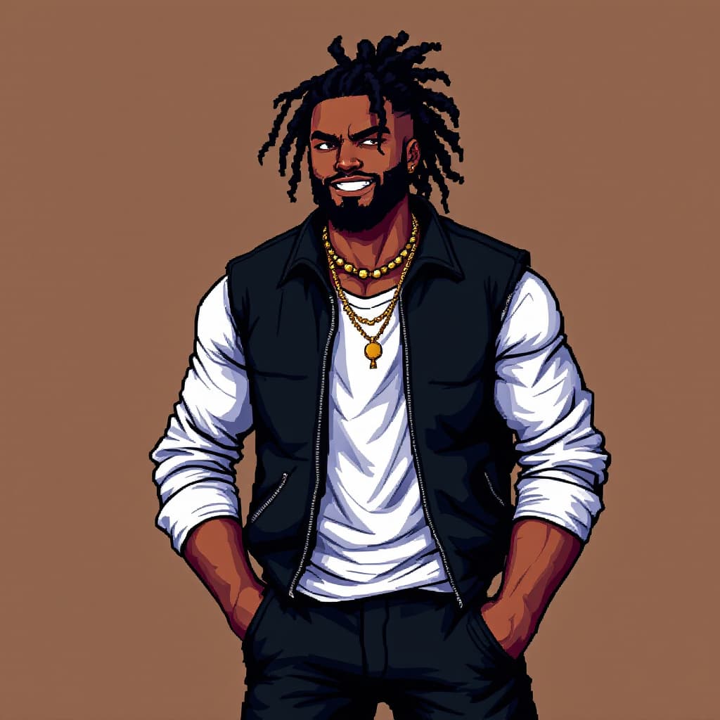 AI generated:  pixelate gaming art style from NES era  of a black male with an Espresso skin tone with  locs in a ...