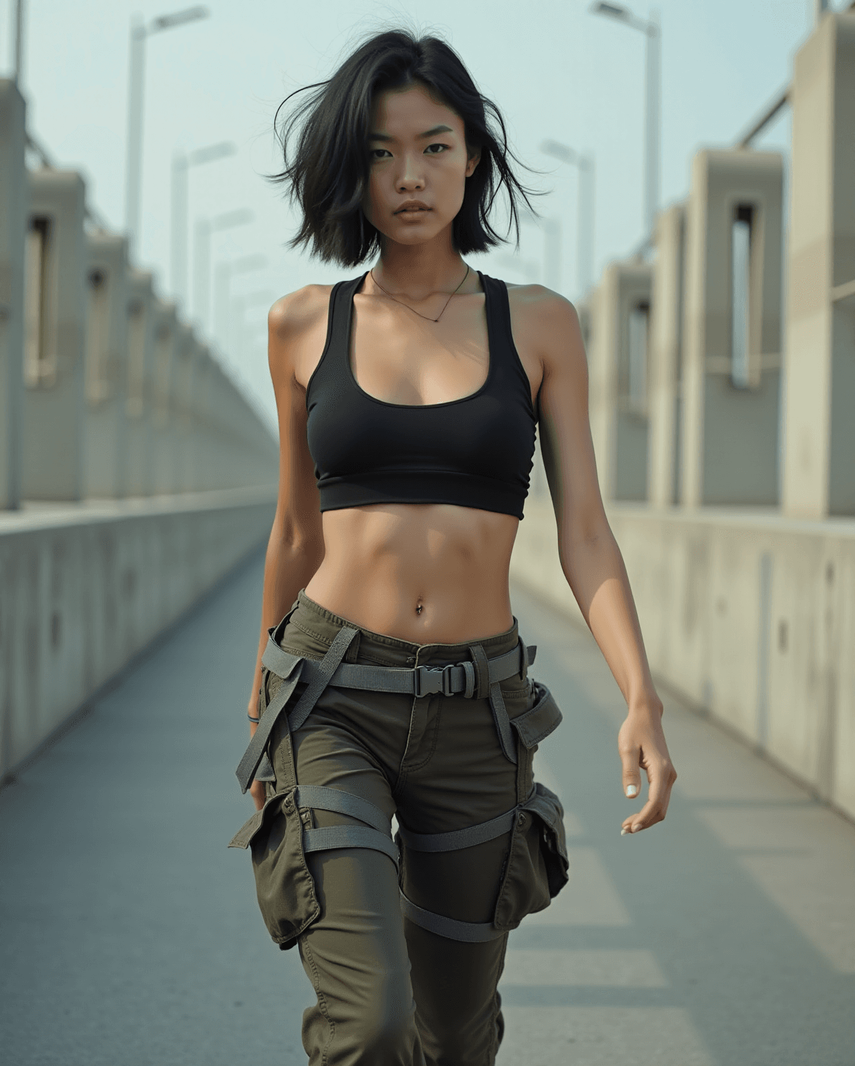 AI generated: photo of a slim, small breast, flat chest, abs, young asian female supermodel, with short messy blac...