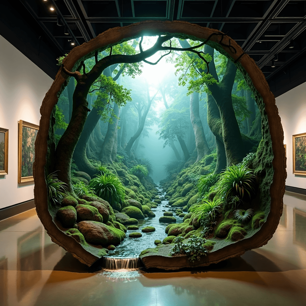 AI generated: in the middle of surreal museum exposition, a sliced representation of the rainy jungles of ecuador,...