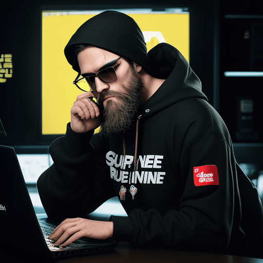 AI generated: hacker, front posture, dark room, coder, computer, man, medium beard, cool, grunge, (typing), ultra ...