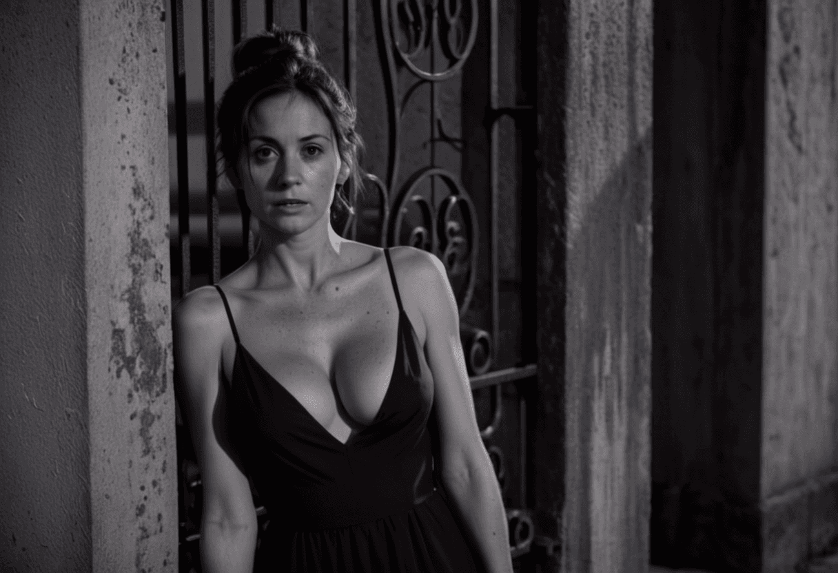 AI generated: dark, moody, night, (black and white:1.2), off center image of a 30 year old woman, black dress, spa...
