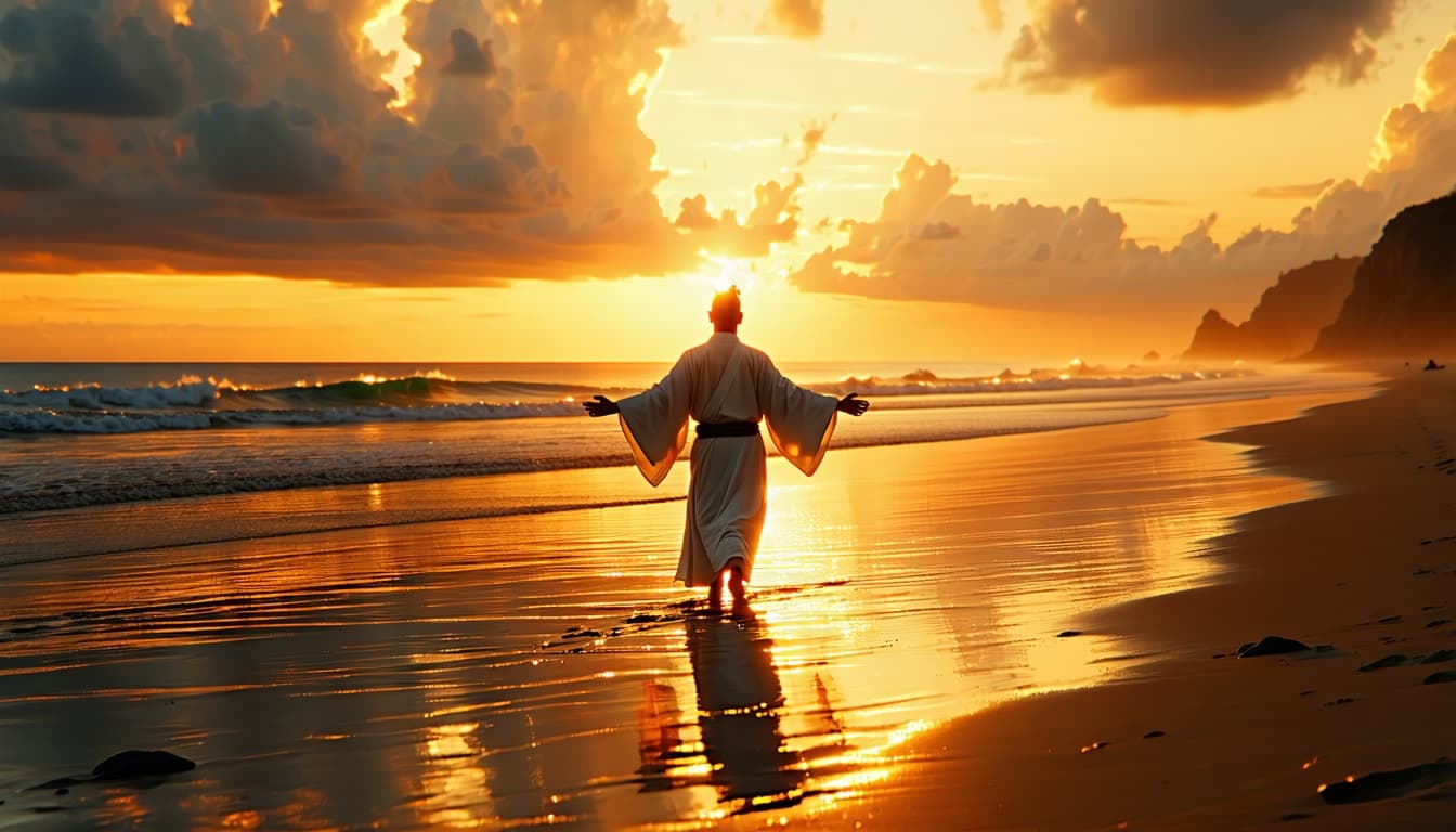 AI generated: YouTube thumbnail 16:9, photorealistic, cinematic. Wide beach at sunrise: golden sun just above the ...