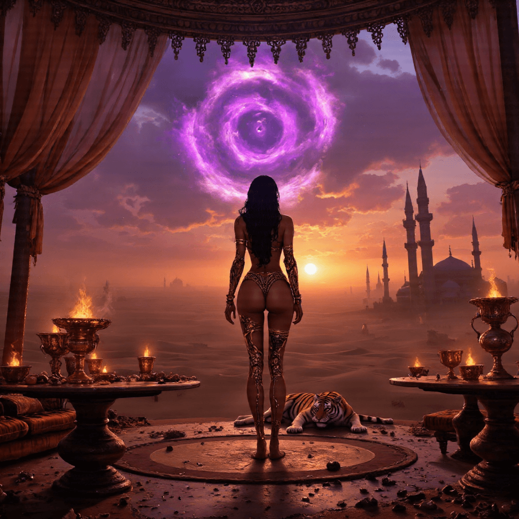 AI generated:  radiant, sensual Arabian enchantress (1.8) reclines gracefully atop layers of velvet cushions and p...