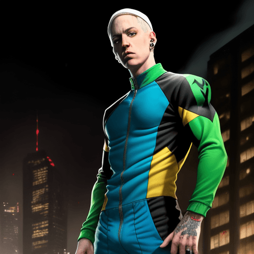 AI generated: EMINEM IN a red,yellow,green nightwing suit 