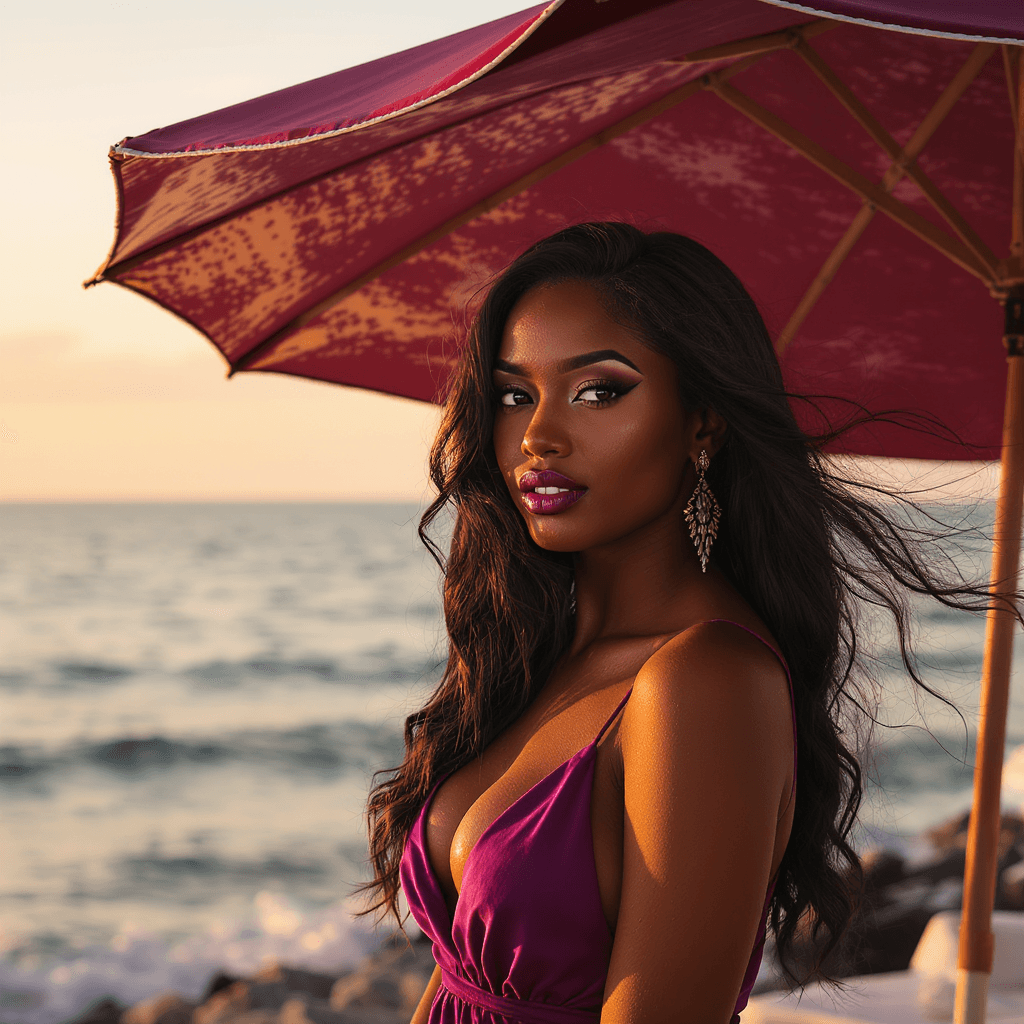 AI generated: a portrait of a beautiful dark skin woman, purple dress, , (light freckles, beauty spotless:1.2), sh...