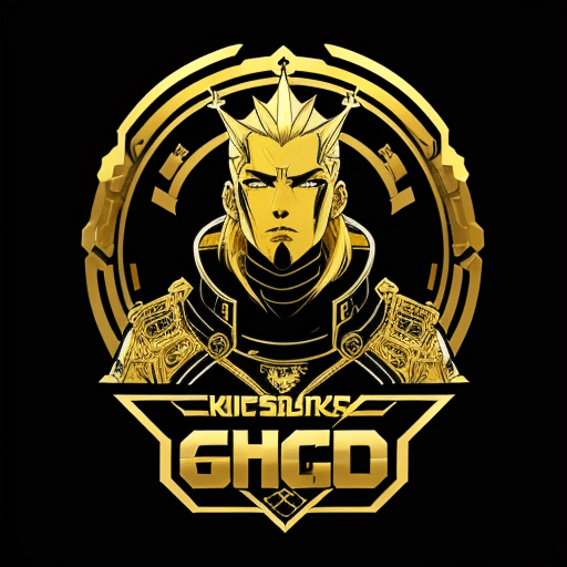 AI generated: Create a logo for a soccer brand featuring a cyberpunk anime king with all the details in gold and b...