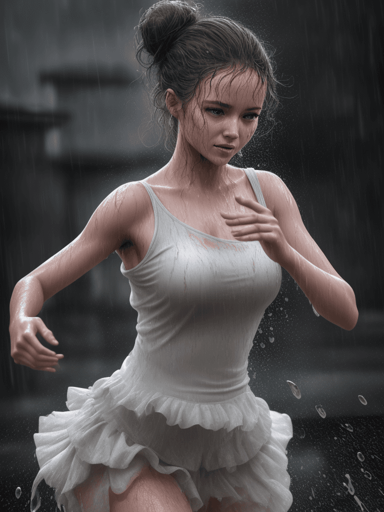 AI generated: A beautiful lady dancing in heavy rain, face and body are wet, messy bun hair 32k UHD, highly detail...
