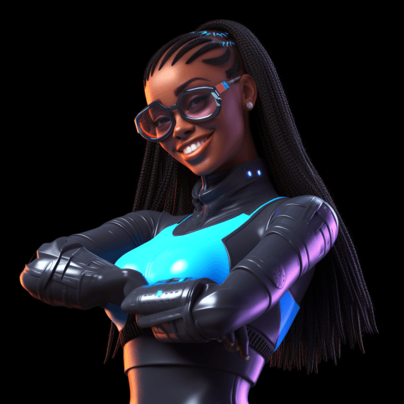 AI generated: a 3D cybergirl, laughing, her hands on her hips, dark skin, glasses on eyes, high detalised face, bl...