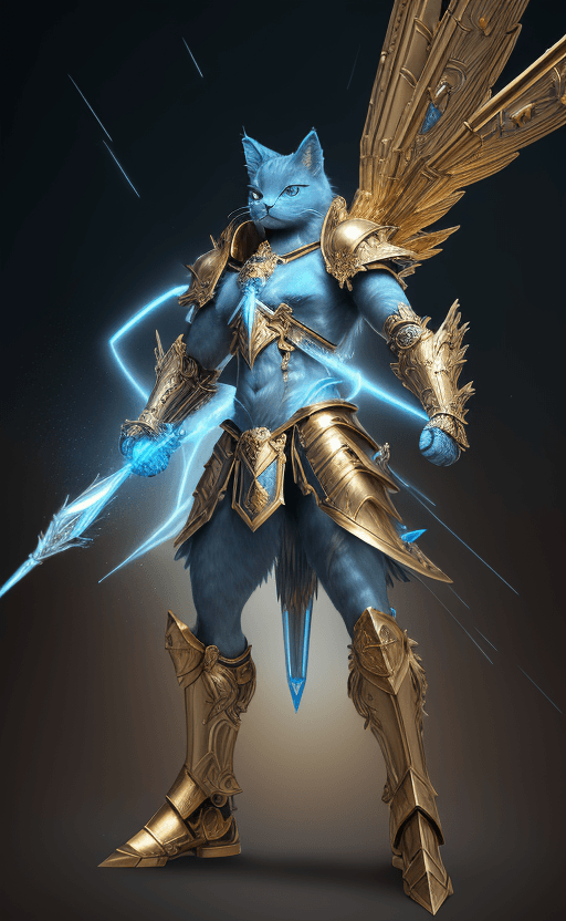 AI generated: full body shot with hyperdimensional totem implants. blue furry cat knight Sagitarius wearing a beau...