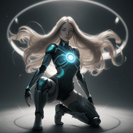 AI generated: In a breathtaking 8K wallpaper, a stunning female android combatant from the future crouches on one ...