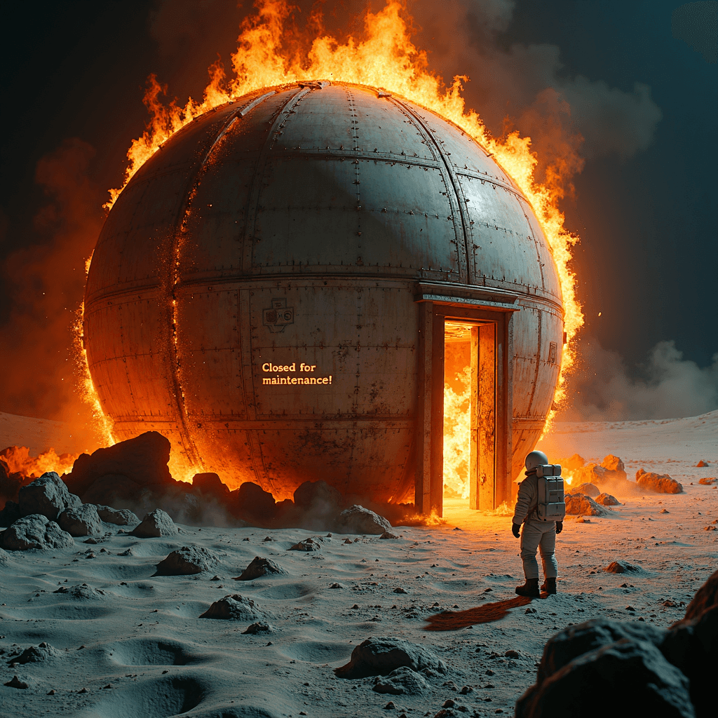 AI generated: moon surface with big worn burning in flames starship full of tongues of flame and sparks, an astron...