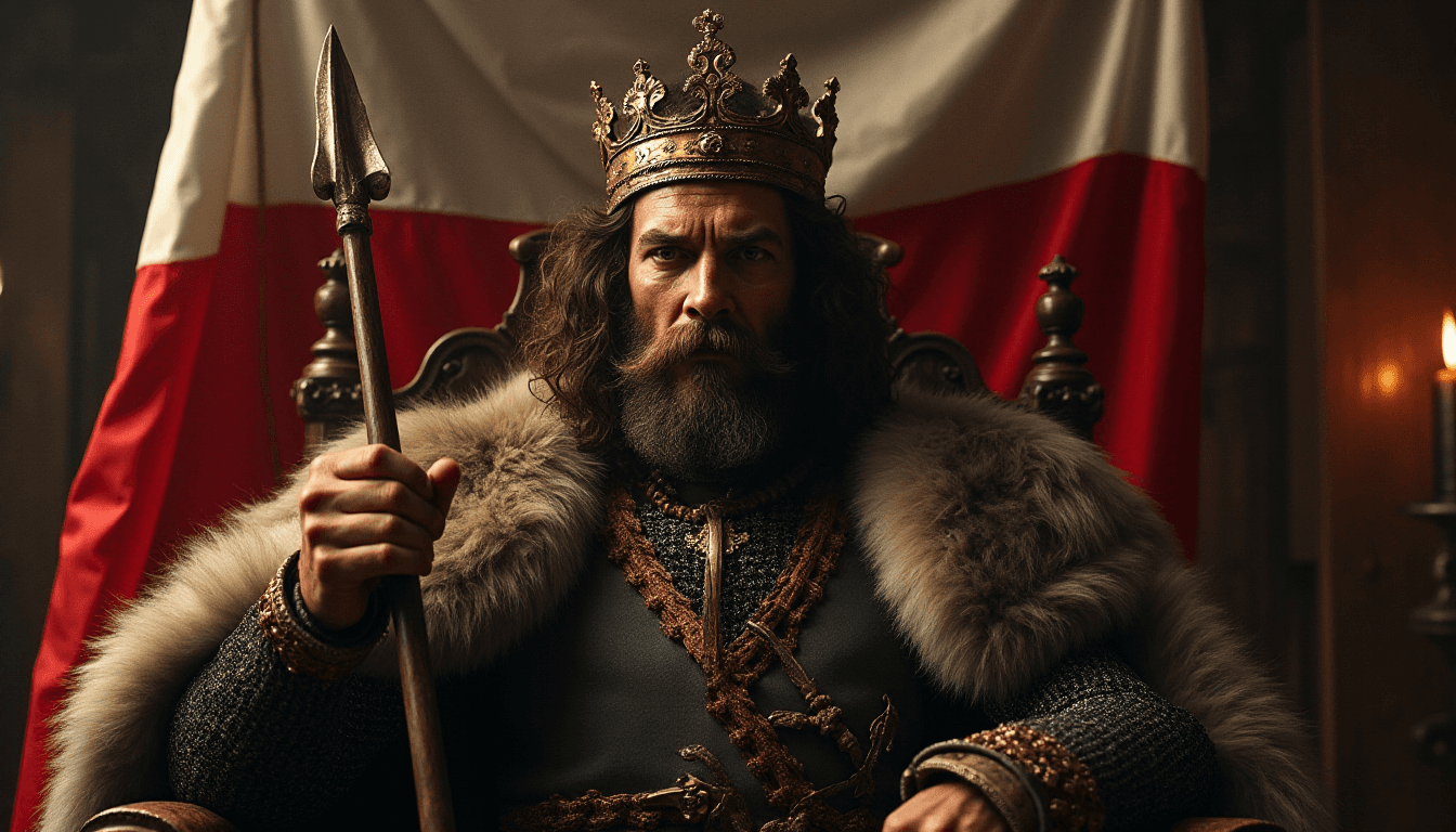 AI generated: A highly detailed, photorealistic depiction of a medieval king seated on a grand oak throne. He wear...