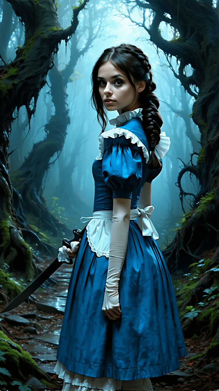 AI generated: Alice Liddell from Alice: Madness Returns, dark brown hair, pale skin, wearing a blue Victorian-styl...