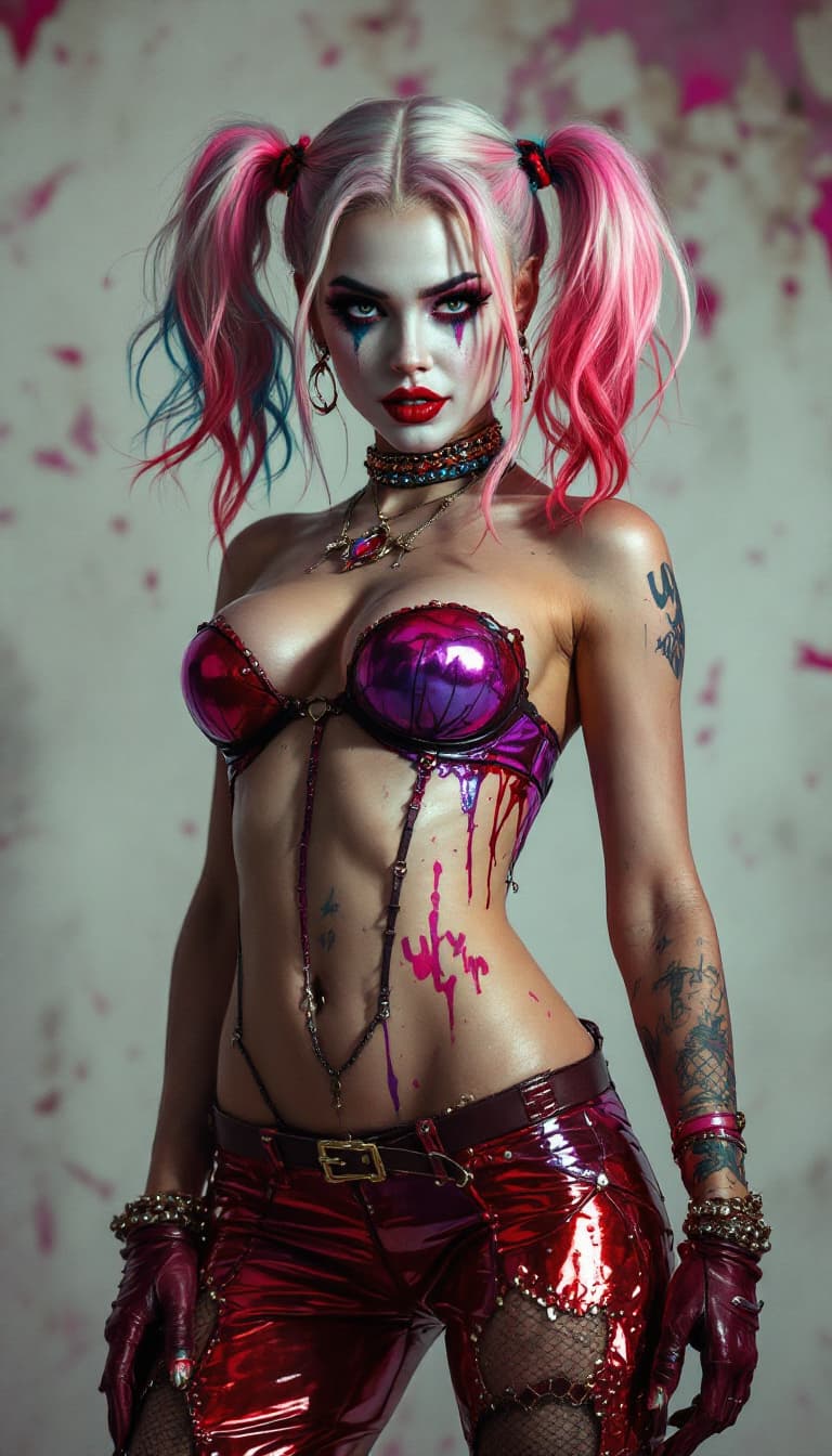 AI generated:  photo realism fictional character harley quin dressed like lady gaga fashion maner, in full shot vi...