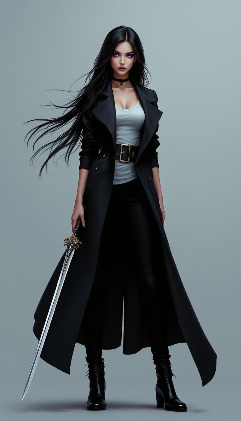 AI generated: "Onyx Sentinel with Violet Gaze": A stunning digital art creation depicts a female character in high...