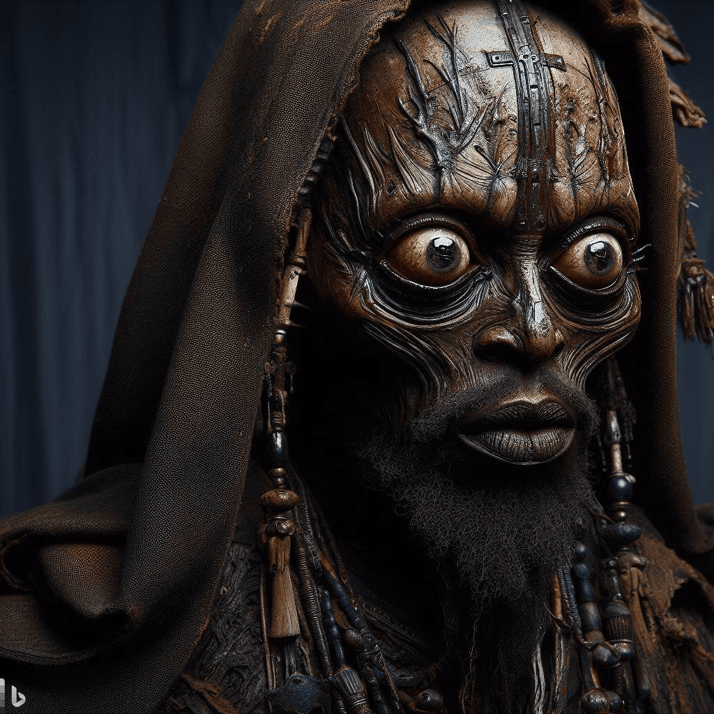 AI generated: hyper-realistic (fabled character tale1:3) from the dark kingdom, with detailed eyes, clothes are in...