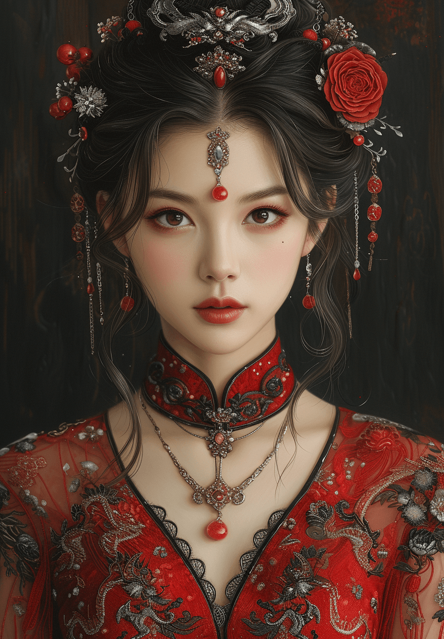 AI generated: woman in a red dress, with a dragon on her head, in the style of miho hirano, realistic portraits, z...