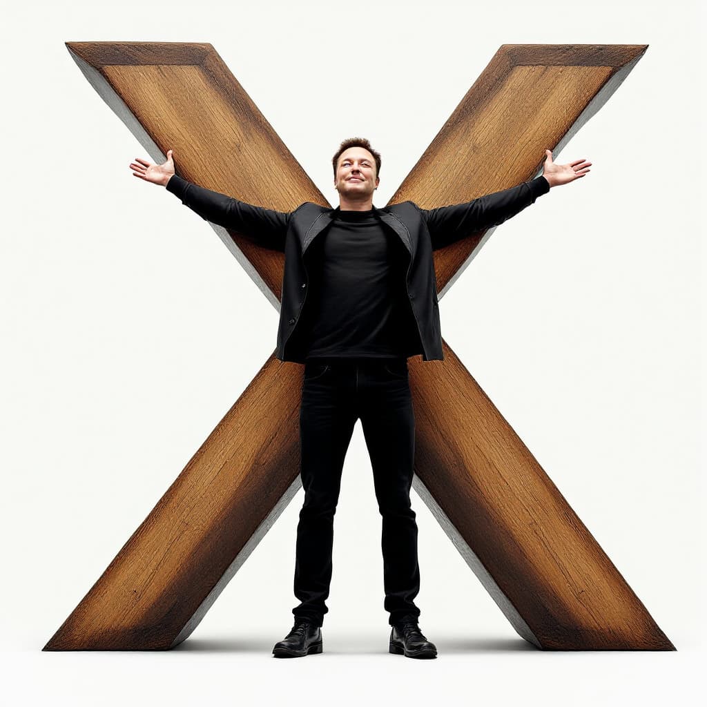 AI generated: Elon Musk, arms and legs in an X on a big wooden letter X