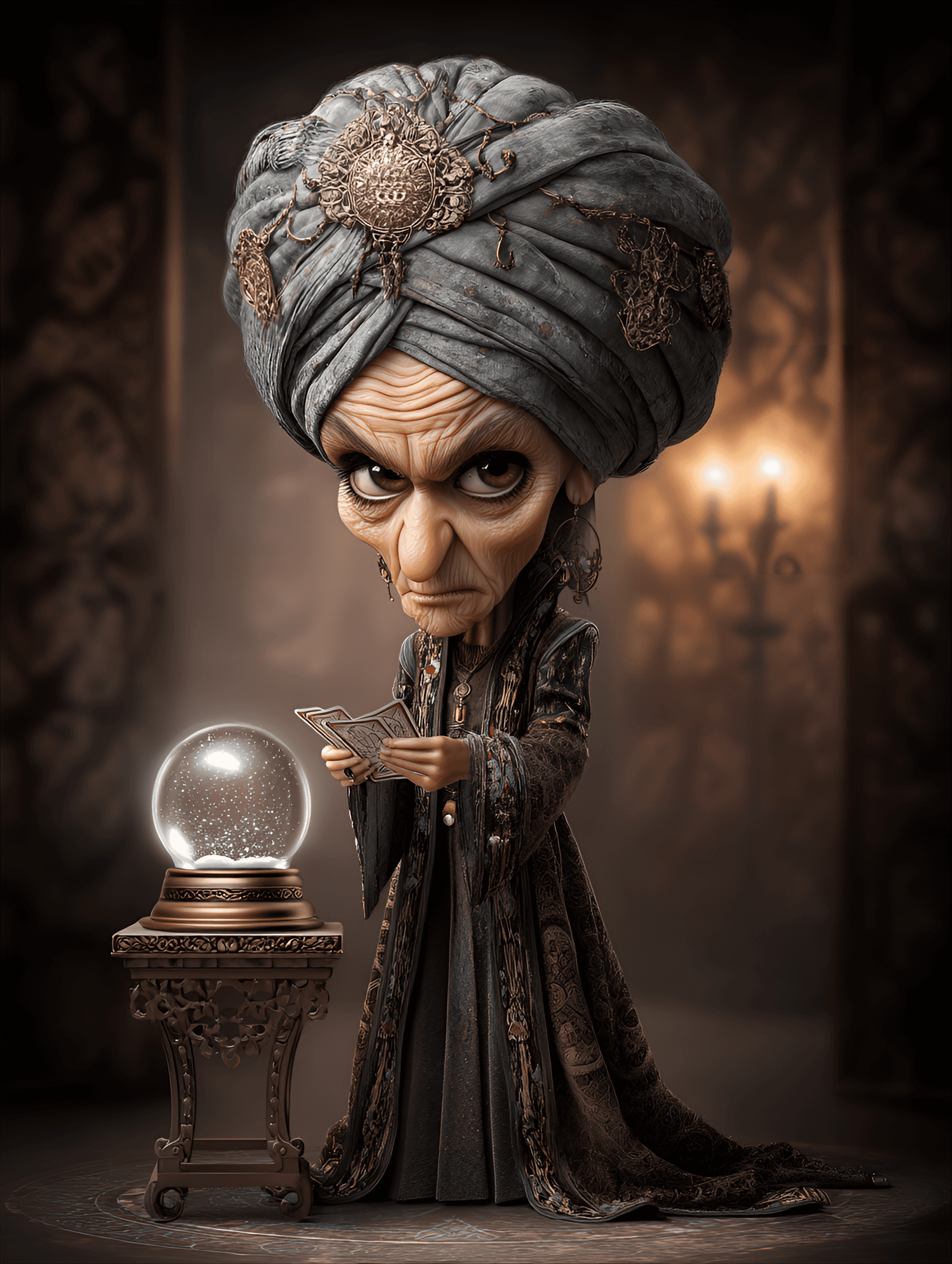 AI generated: funny caricature, quirky fortune teller caricature, elderly middle eastern female, 70 years old, sno...